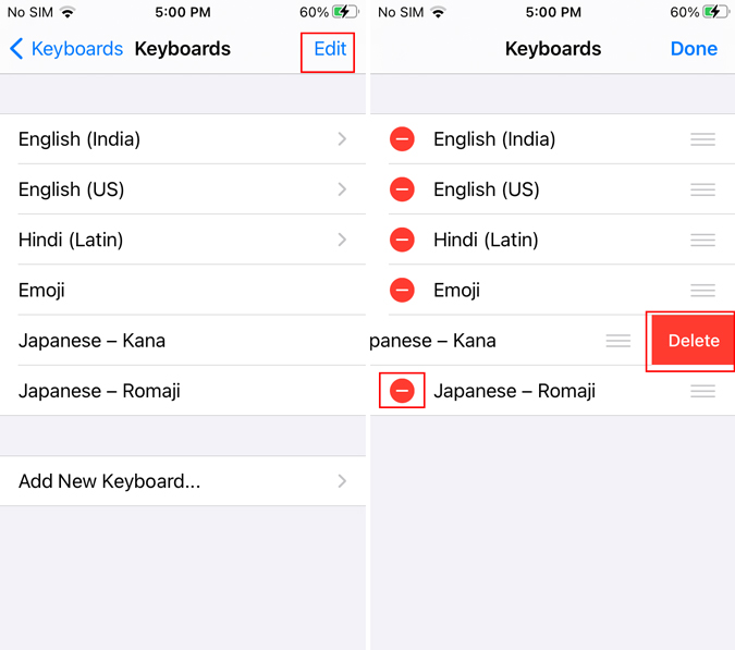Eliminar un teclado en iPhone