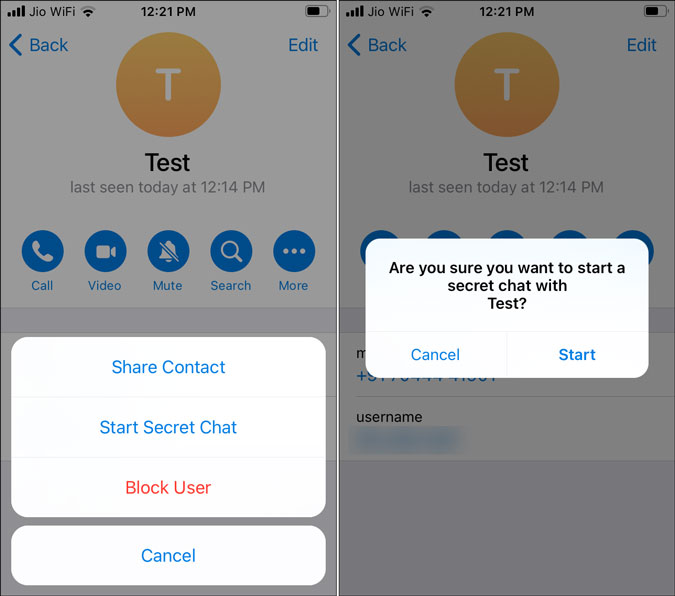 Comience el chat secreto en telegrama para iOS