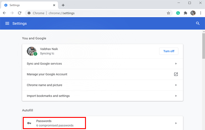 Pestaña Configuración de Chrome