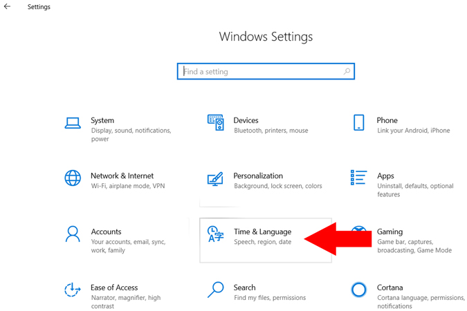 Configuración de tiempo e idioma en Windows 10