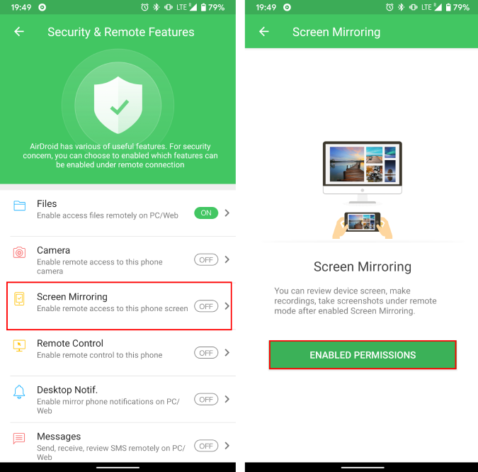 Grabación en pantalla y permiso de transmisión a Airdroid