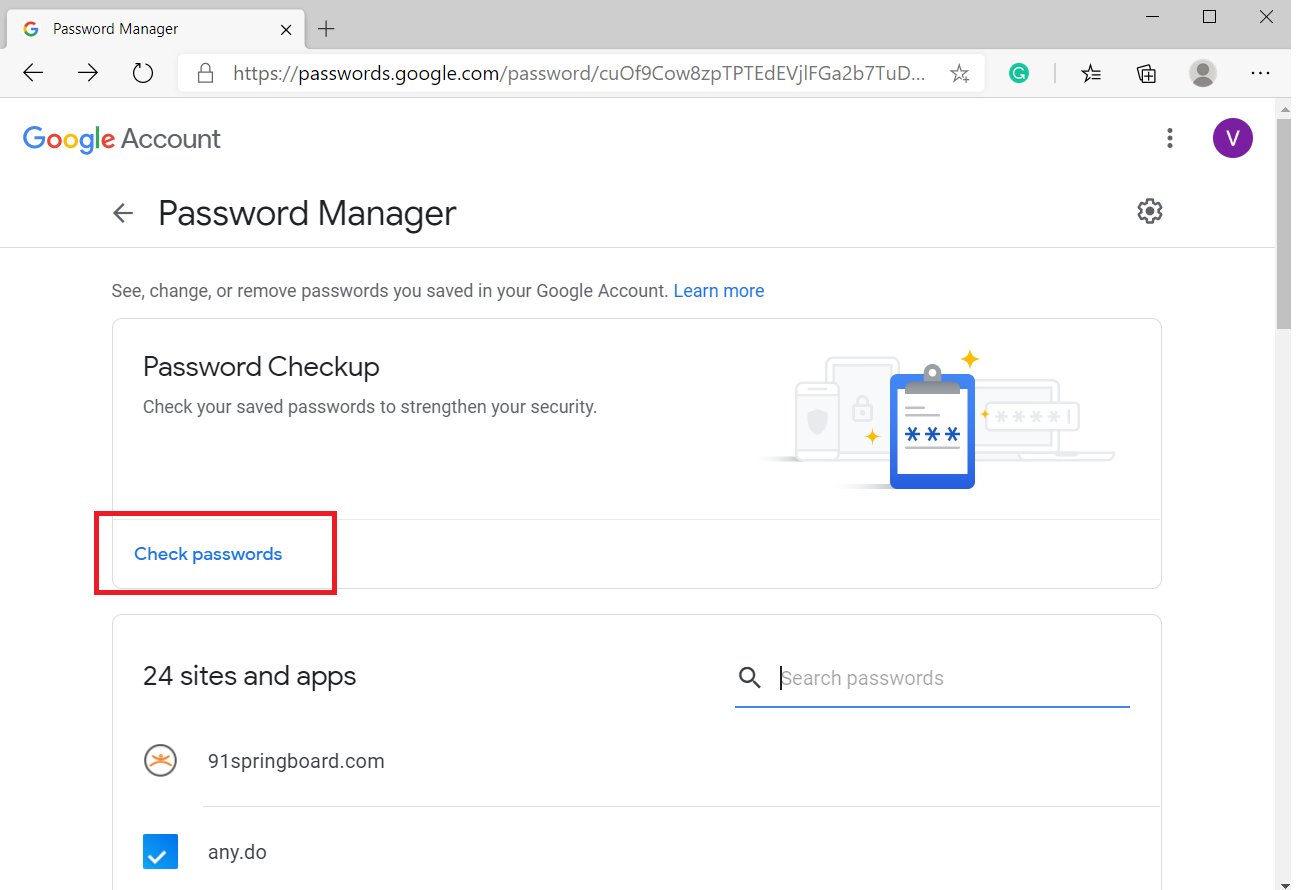 Verifique las contraseñas en Google Manager de contraseñas