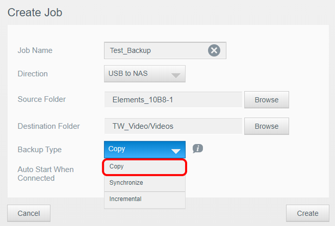 Seleccione el tipo de copia de seguridad como copia en NAS