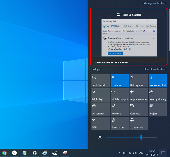 Notificación de Snip y Sketch en el Centro de Acción de Windows