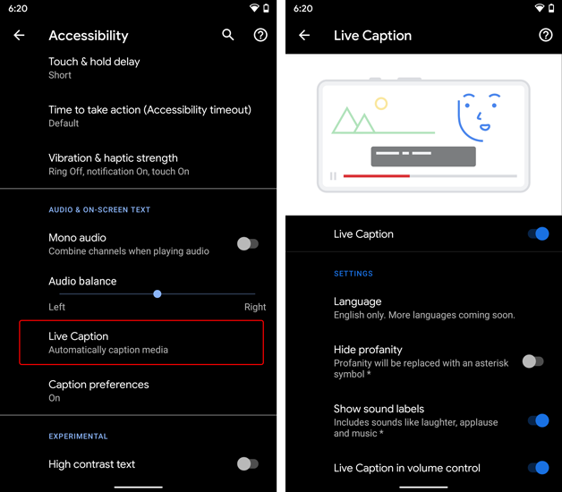 Leyenda en vivo en Menú de accesibilidad en Configuración