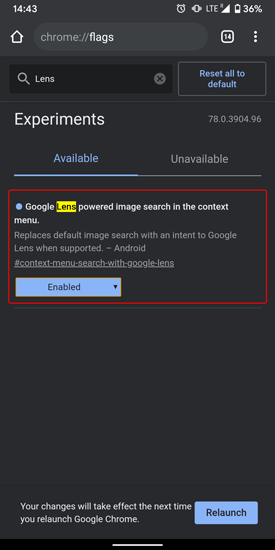 Bandera de lente de Google en Google Chrome Android