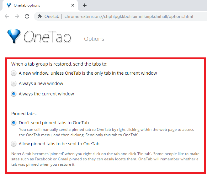 Onetab Google Chrome Extención