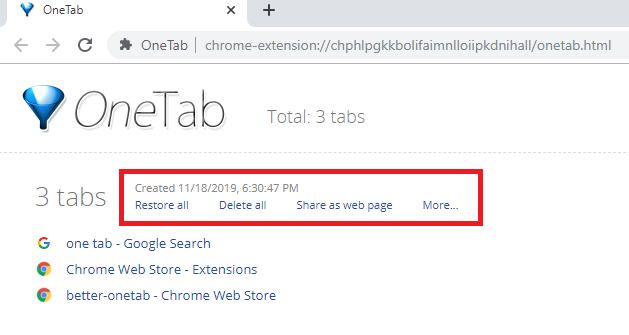 Onetab Google Chrome Extención
