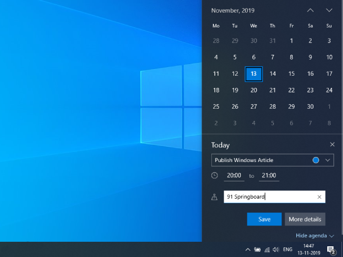 Agregue eventos rápidamente en Windows 10