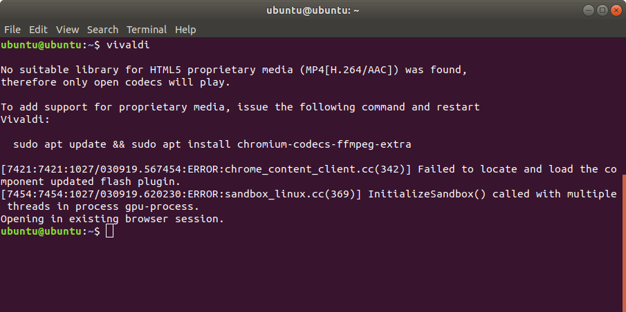 Comando Vivaldi en la terminal para encontrar el comando de códec patentado