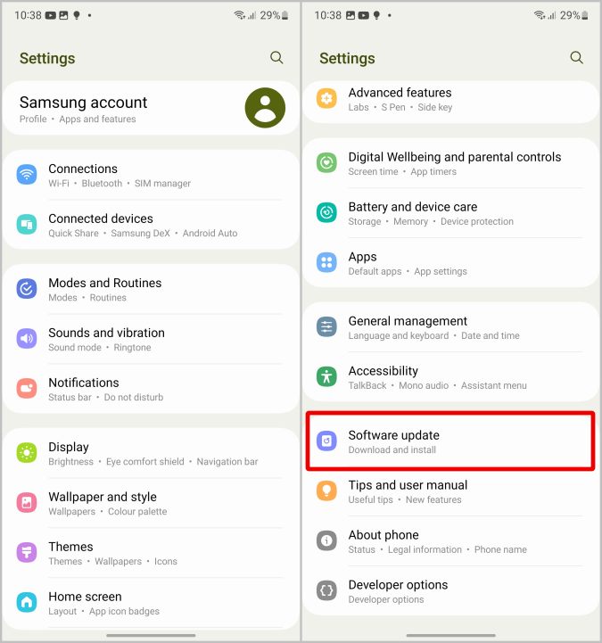 Opción de actualización de software en Samsung