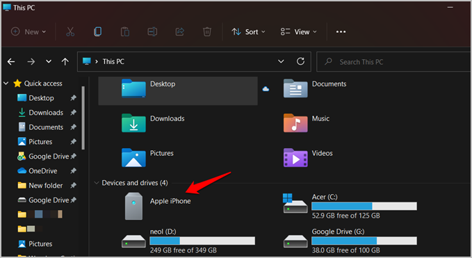 Almacenamiento de iPhone Media en Windows 11