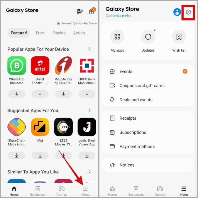 Configuración de la aplicación Galaxy Store en el teléfono Samsung