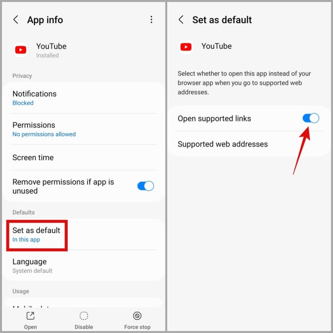 Permitir que YouTube abra los enlaces compatibles en la aplicación