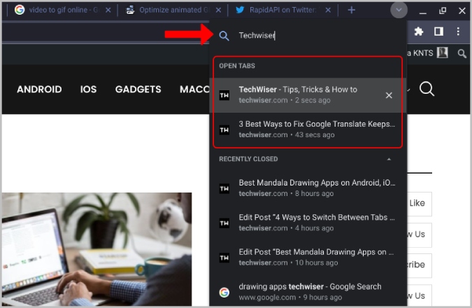 Busque pestañas en Chrome Browser