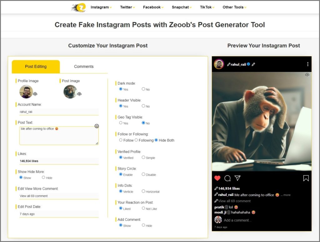 Zeoob - Generador de publicaciones de redes sociales falsas