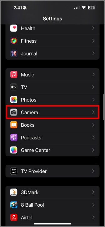 Configuración de la cámara en la aplicación Configuración en el iPhone