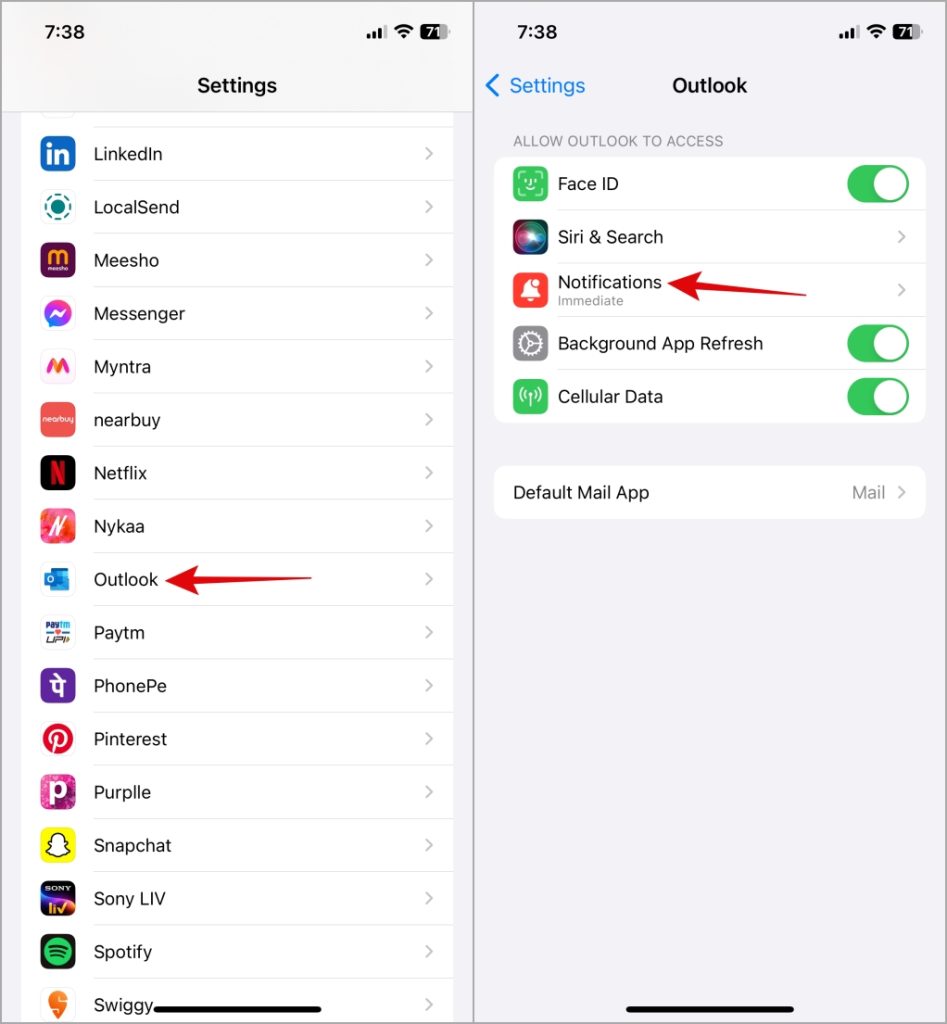 Configuración de notificación de la aplicación Outlook en iPhone