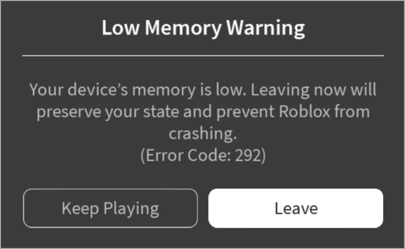 Error de advertencia de memoria de roBlox