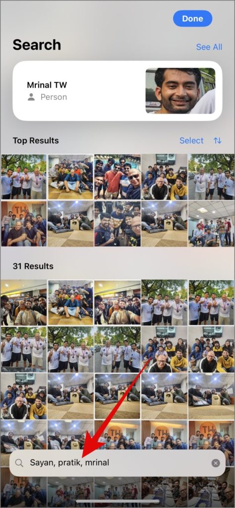 Ingrese los nombres de las personas en la barra de búsqueda de aplicaciones de fotos