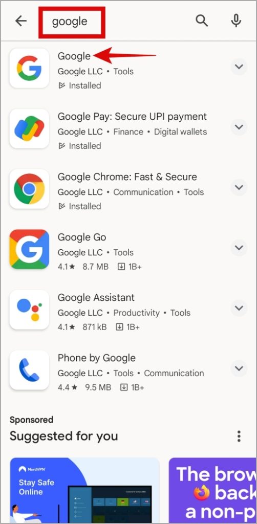 Aplicación de Google en Android