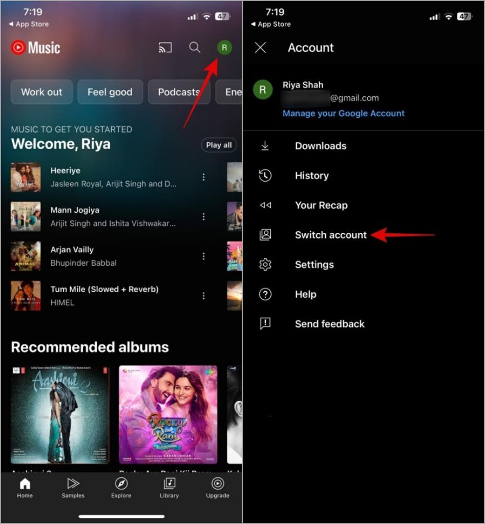 Cambiar cuentas en la aplicación de música de YouTube en iPhone