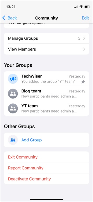 Comunidad de WhatsApp con grupos Ejemplo