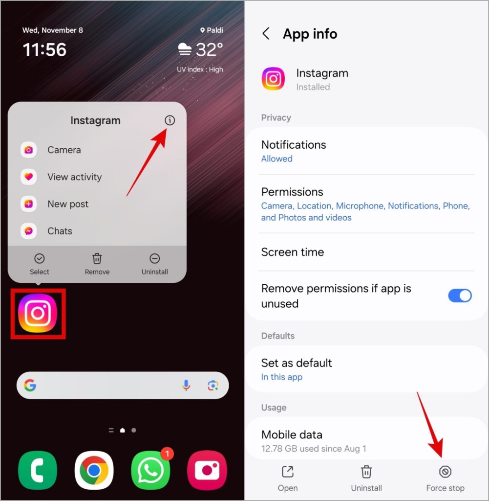 Force Stop Instagram en Android