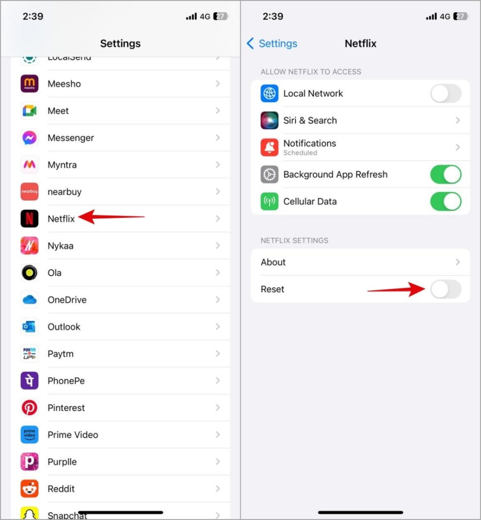 Restablecer la configuración de la aplicación de Netflix en iPhone