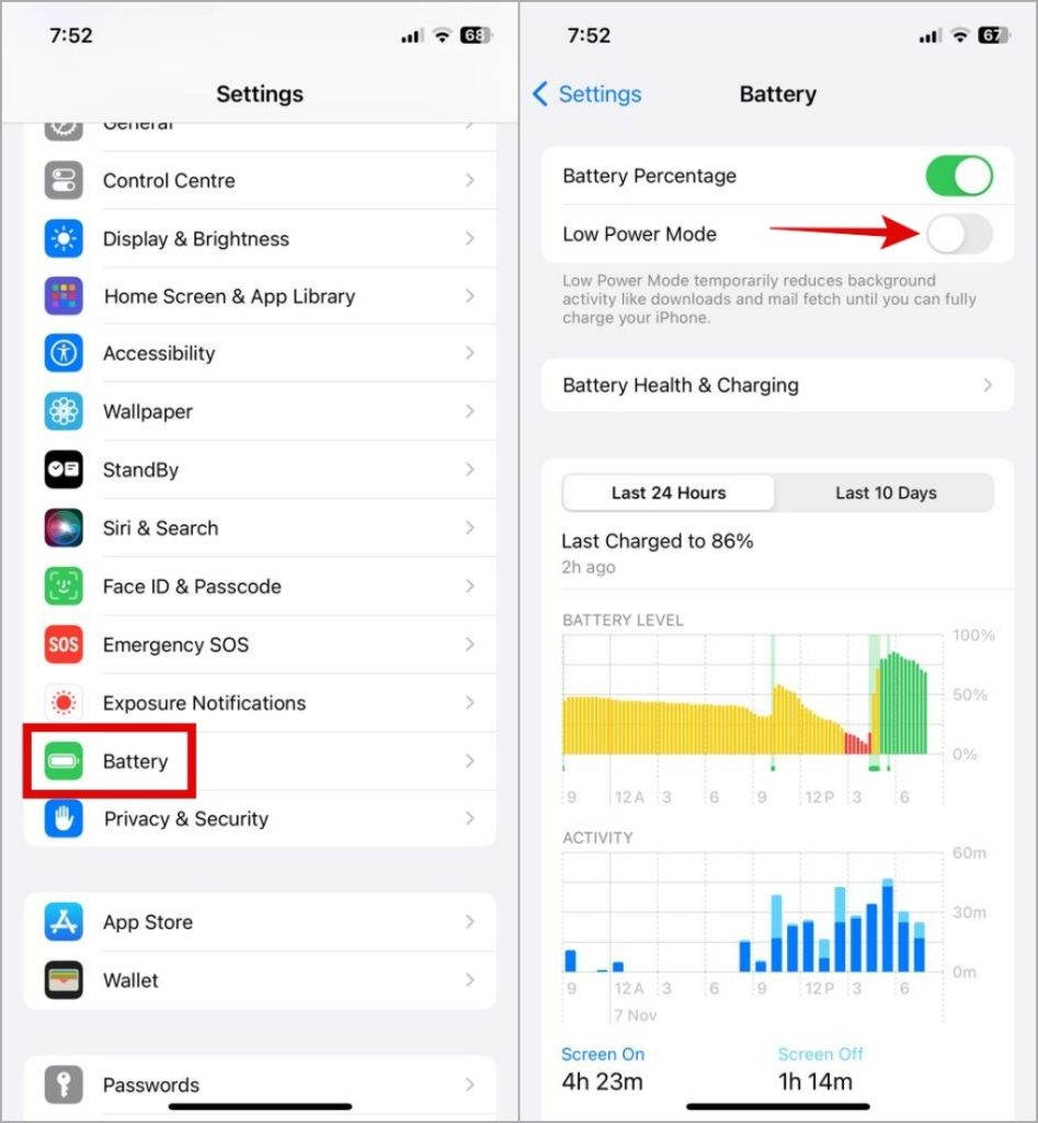 Apague el modo de baja potencia en el iPhone