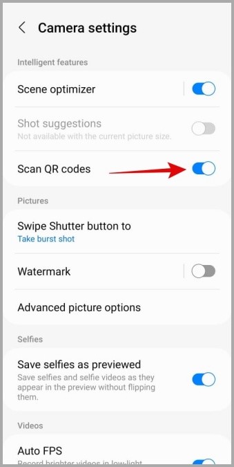 Habilitar el escaneo de código QR en la aplicación Samsung Camera