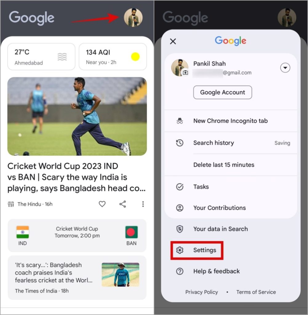 Configuración de la aplicación de Google en Android