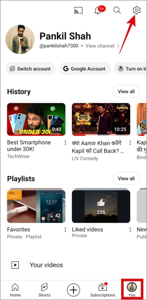 Pestaña en la aplicación de YouTube en el móvil