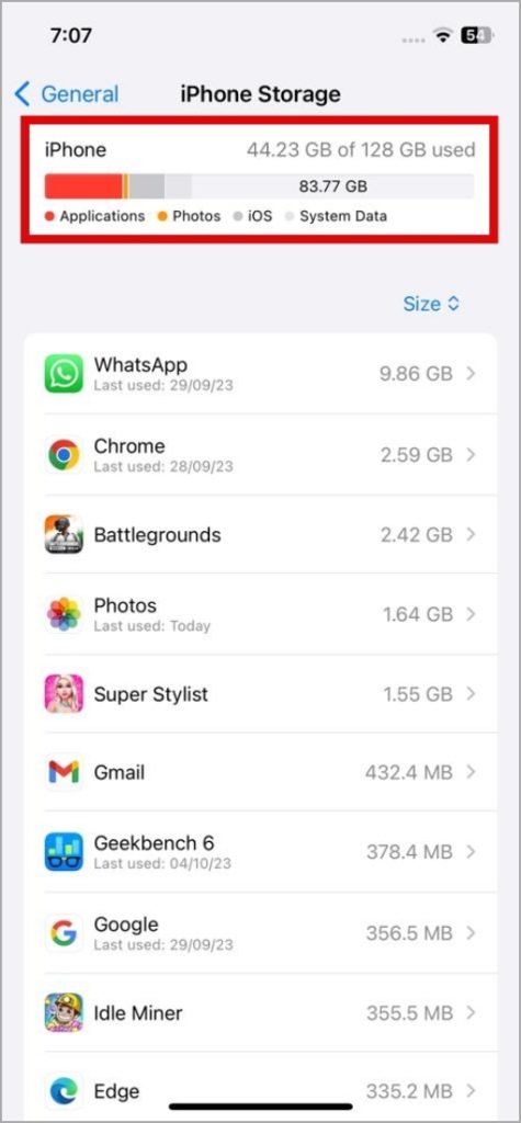 Estado de almacenamiento de iPhone