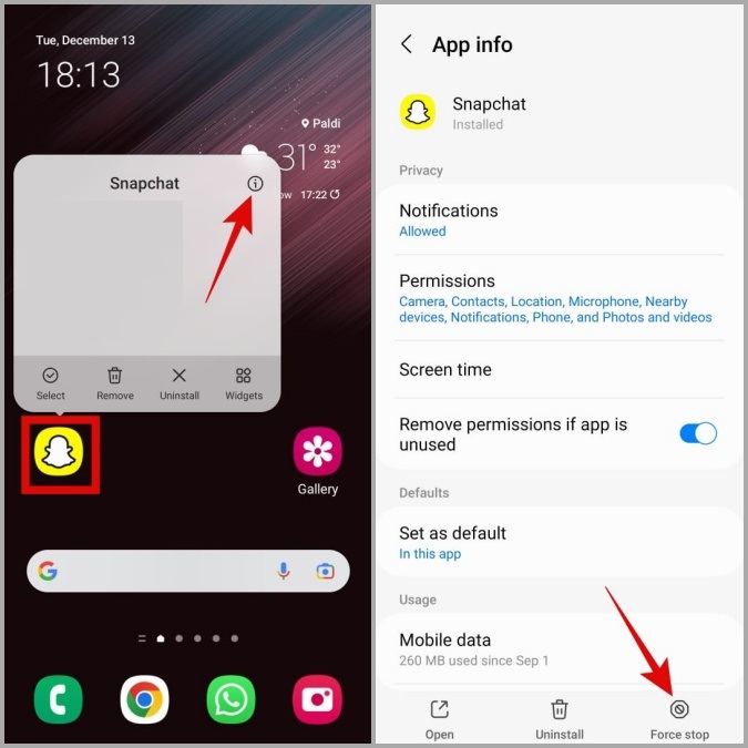 Abra la información de la aplicación Snapchat en el teléfono Android