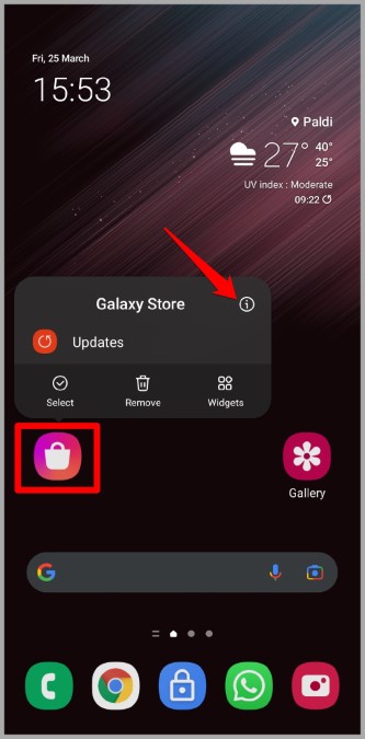 Abra la información de la aplicación Galaxy Store en el teléfono Samsung