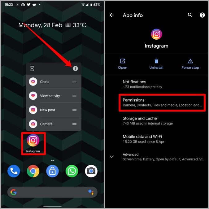 Permisos de Instagram en Android