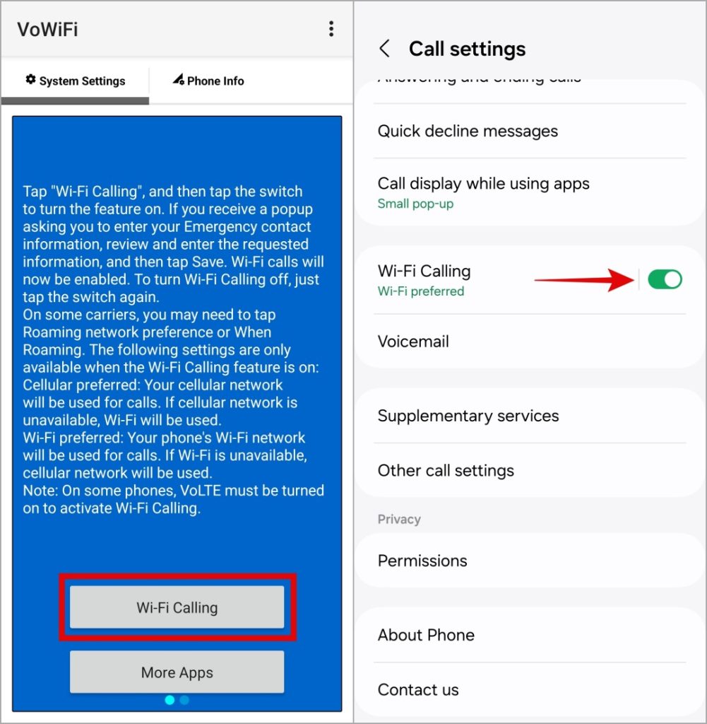 Habilitar llamadas de Wi-Fi usando la aplicación Vowifi en el teléfono Samsung Galaxy