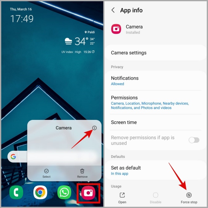 Force Stop la información de la aplicación de la cámara Samsung en el teléfono Galaxy