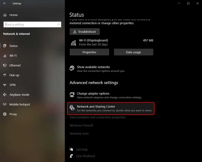 Abra la red y el centro de intercambio desde la configuración