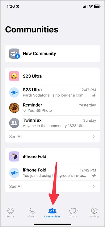 Pestaña de comunidades en WhatsApp para iPhone