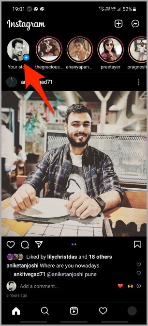 La opción de su historia en la aplicación Android de Instagram