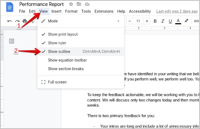 Mostrar esquema en Google Docs