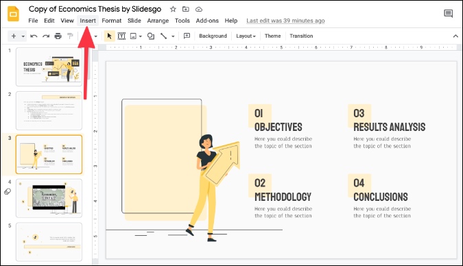 Seleccione Insertar menú en las diapositivas de Google