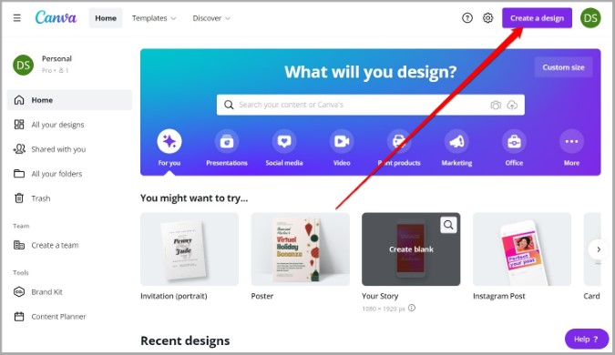 Página de inicio de Canva