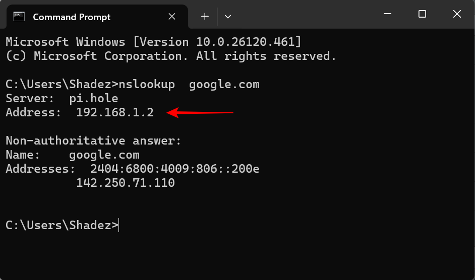 Resultado de la consulta NSLookup en el símbolo del sistema en Windows 11