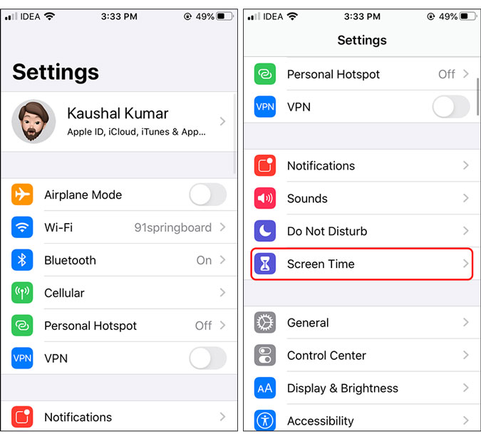 página de configuración con tiempo de pantalla resaltado en rojo - bloquear la aplicación en iPhone