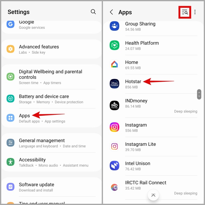 Menú de aplicaciones en el teléfono Samsung