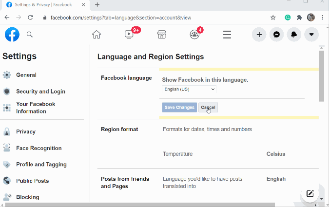 Menú desplegable del idioma de Facebook 