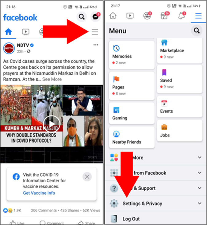 Página de configuración y privacidad de la aplicación de Facebook